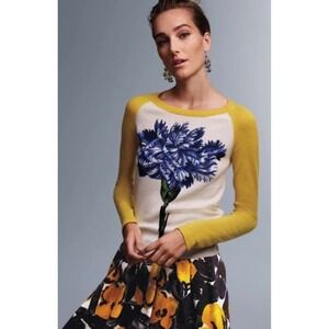 Samantha Sung Floral Cashmere Sweater Yellow Ivory Size Small NWT